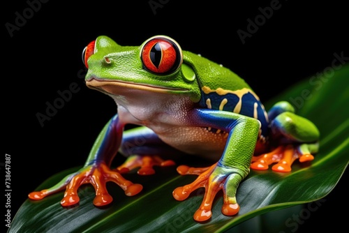 A red eyed frog sitting on top of a leaf. Suitable for nature and wildlife themes