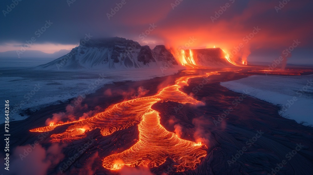 A fiery volcano sends streams of molten lava cascading down a snowy mountain, illuminating the landscape with a brilliant mix of heat and cold, as the sky transforms from a soft sunrise to a vibrant 