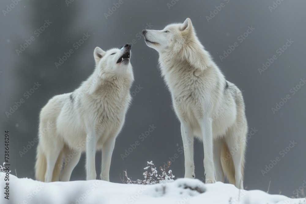 Fototapeta Two majestic white wolves stand tall in the snow, embodying the wild beauty and resilience of the canis species in the freezing winter landscape