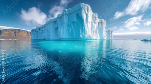 A majestic iceberg stands tall in the calm, aqua waters of a glacial lake, reflecting the vast sky above and symbolizing the delicate balance between nature's beauty and the impact of melting ice in 