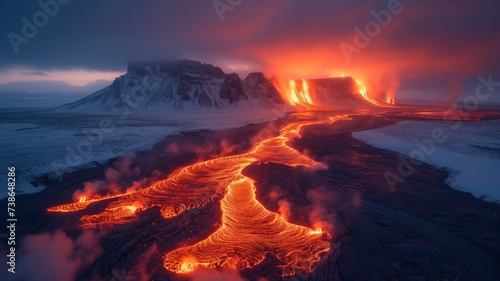 A fiery volcano sends streams of molten lava cascading down a snowy mountain, illuminating the landscape with a brilliant mix of heat and cold, as the sky transforms from a soft sunrise to a vibrant 