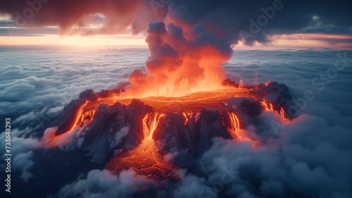 As the fiery volcano erupts, billowing clouds of smoke and lava fill the sky, casting a blazing orange glow over the mountain's rugged terrain © mendor