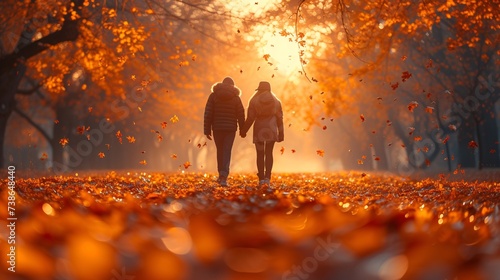 A pair strolling on a bright fall afternoon.