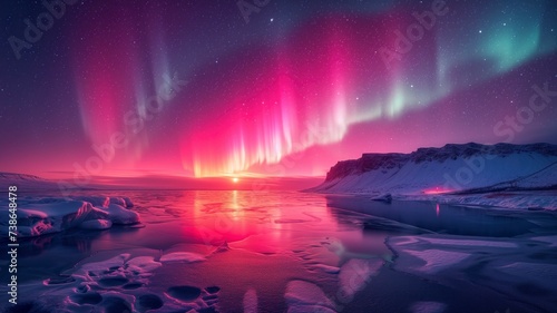 A mystical aurora dances across the wintry night sky, casting a vibrant pink and purple hue over the tranquil waters below