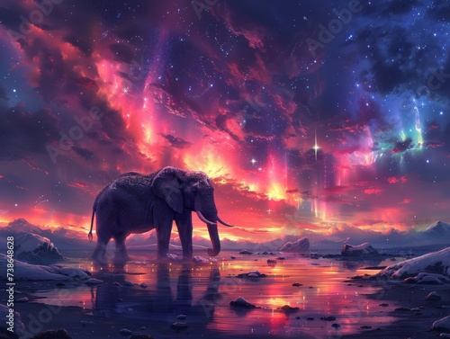 Elephant painting auroras in the sky with its trunk stars twinkling in its eyes