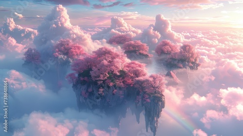 Floating islands above the clouds connected by rainbows a serene retreat © AlexCaelus