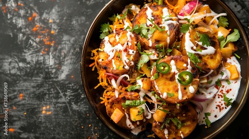 Indian aloo tikki chaat street food snack with potato patties, chutneys, yogurt, and sev photo