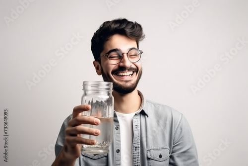 Man holding a tumbler and smile gently photo