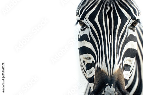 Close up of a zebra s face on a white background  suitable for various design projects