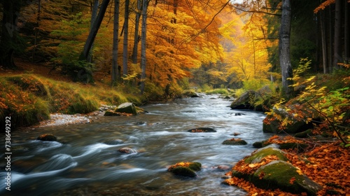 Forest river rocks in autumn. River rocks in forest water