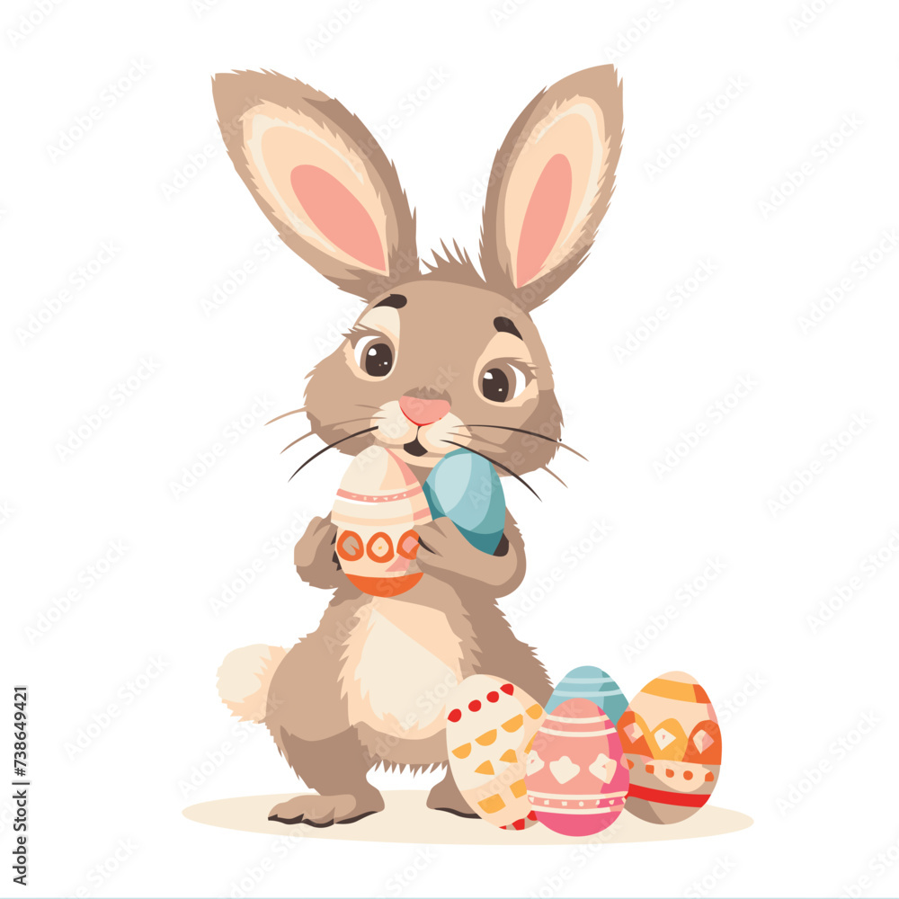 Obraz premium Vector cute cartoon rabbit with easter eggs