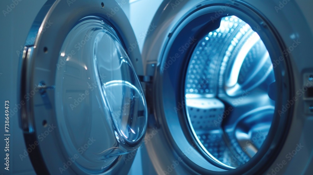A close-up view of a washing machine with the door open. This image can be used to depict household chores or laundry-related themes A close-up view of a washing machine with the door open. This image can be used to depict household chores or laundry-related themes