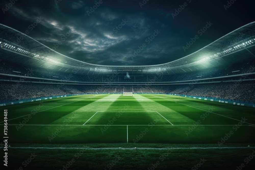 A picture of a soccer stadium with a green field and bright lights. Perfect for sports-related projects or showcasing the excitement of a soccer match