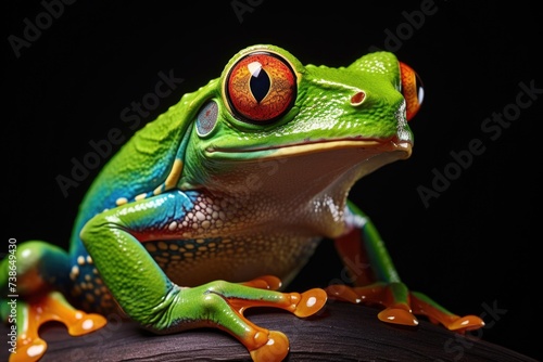 A close up photograph of a frog sitting on a branch. This image can be used to depict nature, wildlife, or the beauty of the animal kingdom