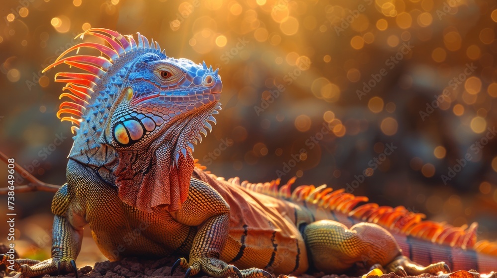 Fototapeta premium Iguana basking under the warm divine light its scales reflecting heavenly rainbows