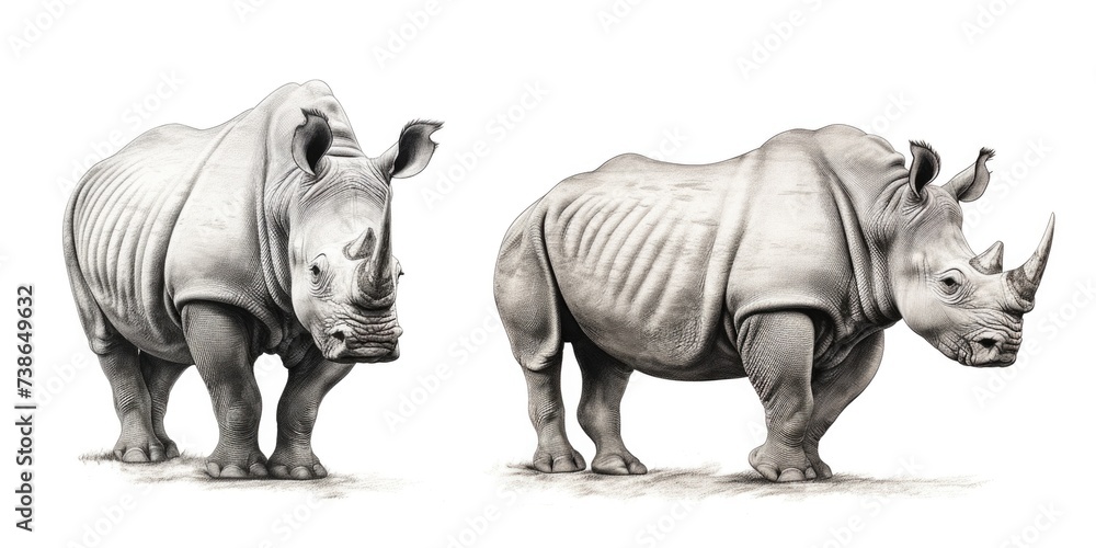 Fototapeta premium Two rhinos standing side by side. This image can be used to depict the strength and unity of a couple or the beauty of wildlife