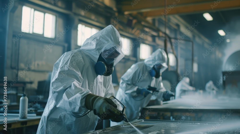 A group of people in protective gear working in a factory. Suitable for industrial and manufacturing themes A group of people in protective gear working in a factory. Suitable for industrial and manufacturing themes