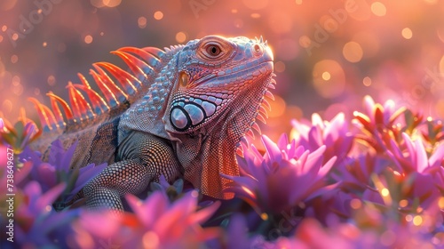 Iguana with scales that reflect heavenly light basking in the glow of creation