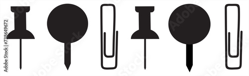 Pins and paper clips collection. Note paper with pin, binder clip, push pin, Blank sheet. Vector illustration. photo