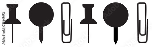 Pins and paper clips collection. Note paper with pin, binder clip, push pin, Blank sheet. Vector illustration.