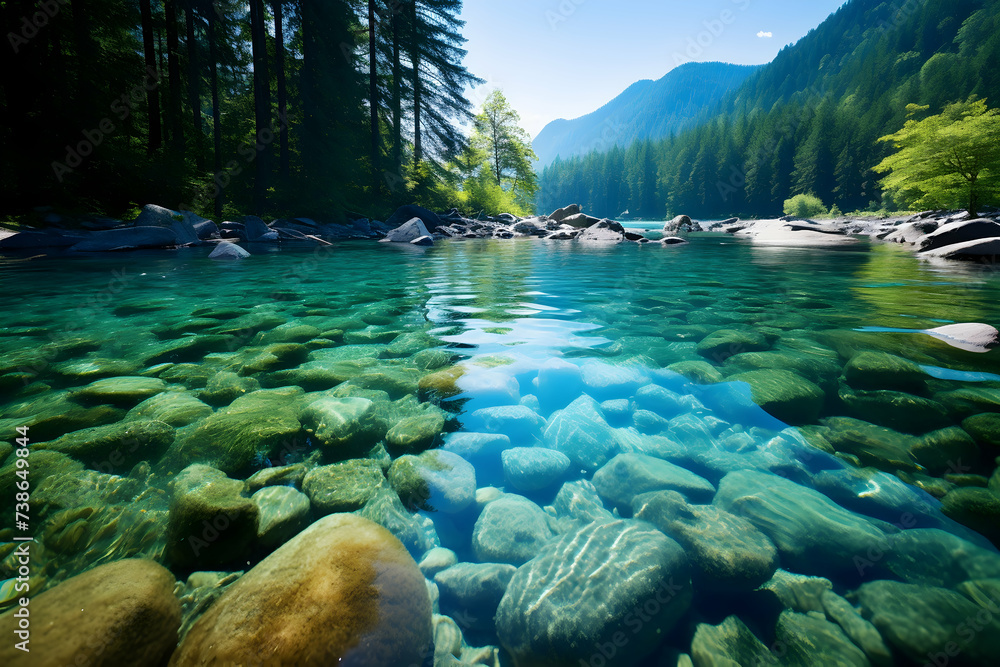 Mountain lake with clear water and stones. Beautiful summer landscape.