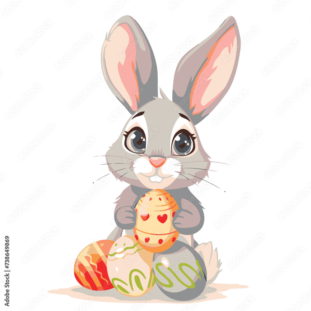 Vector cute cartoon rabbit with easter eggs