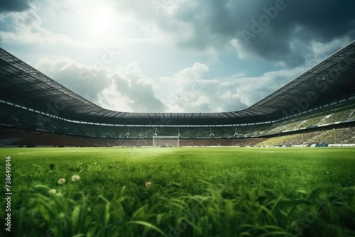 An empty soccer stadium with a foreground of lush green grass. Suitable for sports-related designs and concepts