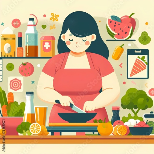 A woman is cooking in a kitchen with a lot of vegetables and fruits. 