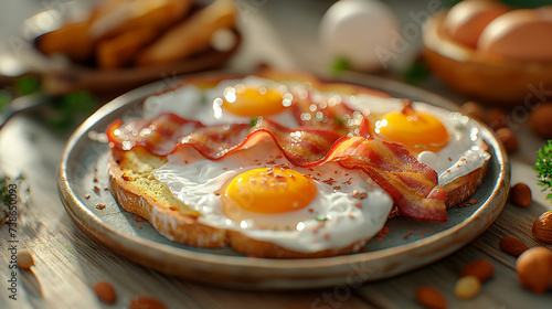 Classic breakfast with toast, fried egg and bacon.