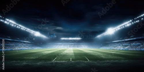 A picture of a soccer field with a stadium in the background. Suitable for sports events, soccer matches, and sports-themed designs