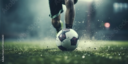A soccer player kicking a soccer ball on a field. Suitable for sports and fitness-related projects © Fotograf