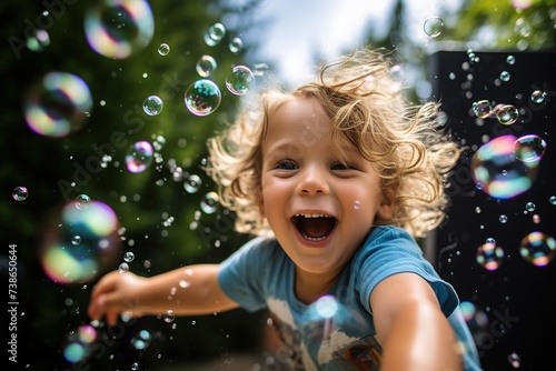 Child's joyous laughter among sparkling water and bubbles. Perfect for family-oriented content. 