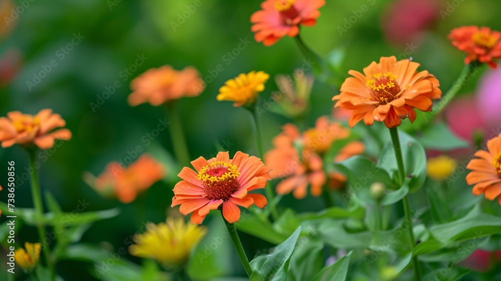 Vibrant orange zinnia blooms stand out against a lush green backdrop. Vibrant orange zinnia blooms stand out against a lush green backdrop.