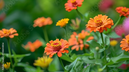 Vibrant orange zinnia blooms stand out against a lush green backdrop.