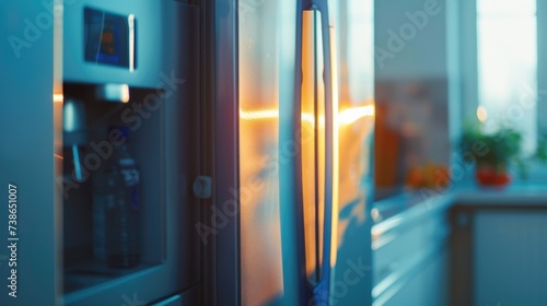 A kitchen featuring a refrigerator and a window. This image can be used to depict a modern kitchen or showcase home appliances