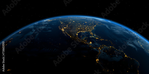A planet earth with the city lights lit up at night at dark sky background AI Generative