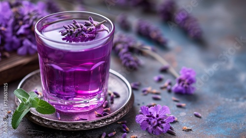 Violet lavender blossom nectar in a cup. Premium image.