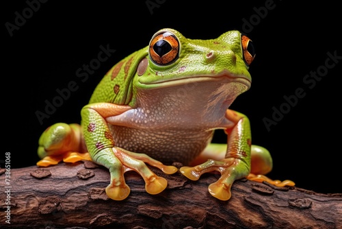 A close up photo of a frog perched on a branch. Perfect for nature enthusiasts and educational materials