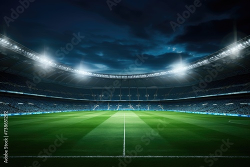 A picture of a soccer stadium with a vibrant green field and brightly lit lights. Perfect for sports enthusiasts or event promotions