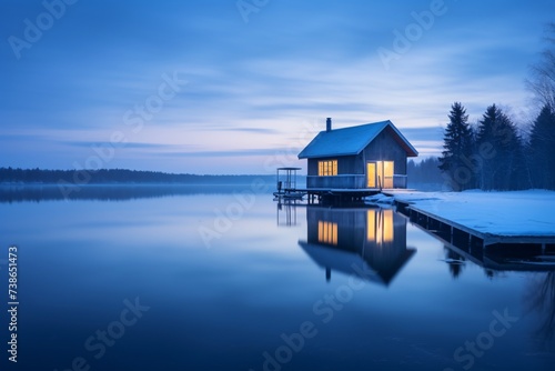 Foto Breathtaking winter morning photo of a boathouse in Canada's Lake with a striking blue hue