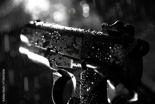 A dramatic black and white photo of a gun in the rain. Perfect for illustrating crime scenes or detective stories