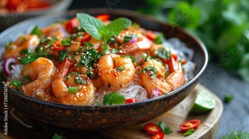 A salad made with Thai noodles and seafood.