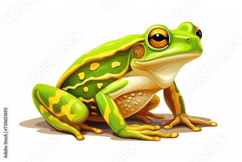 A green and yellow frog sitting on the ground. Suitable for nature and animal themes