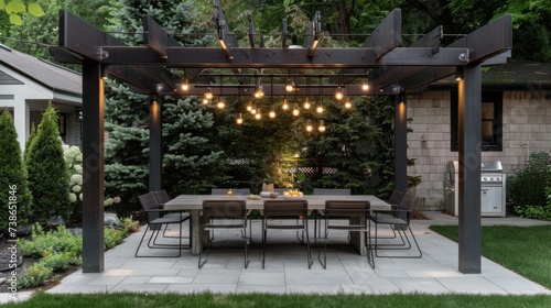 Modern Outdoor Entertaining Space with Concrete Dining Set AI Generated. © ArquitecAi