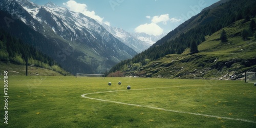 A scenic soccer field with mountains in the background. Suitable for sports or travel themes
