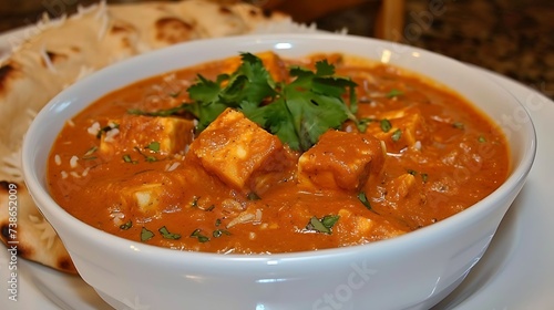 Indian paneer butter masala creamy tomato-based curry with paneer cheese, served with naan bread or rice