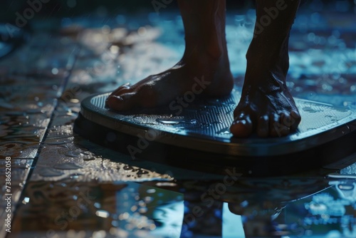 Person standing on a bathroom scale in the rain, suitable for health and weight loss concepts
