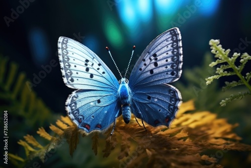 A beautiful blue butterfly perched on a plant. Perfect for nature and wildlife themes