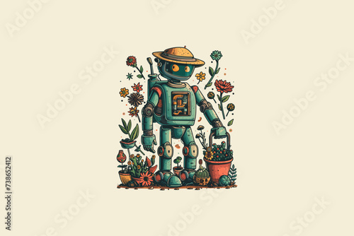 Robot gardeners flat design vector illustration