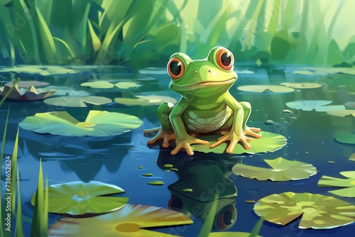A frog perched on a leaf above a pond  suitable for nature themes